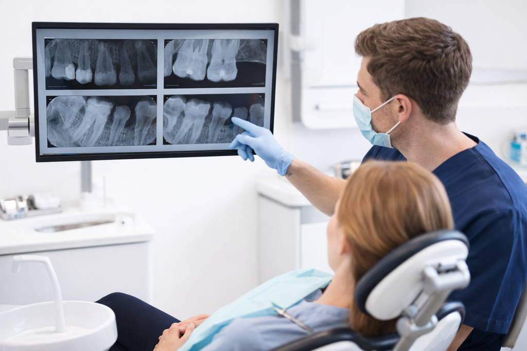Dentist reviewing dental X-rays with the patient at their first dental appointment in Lakeway