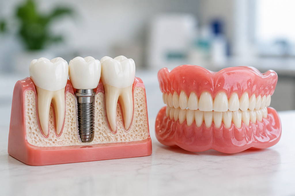 Dental Implants vs Dentures in Lakeway 1 Dental implant and denture models comparing tooth replacement options
