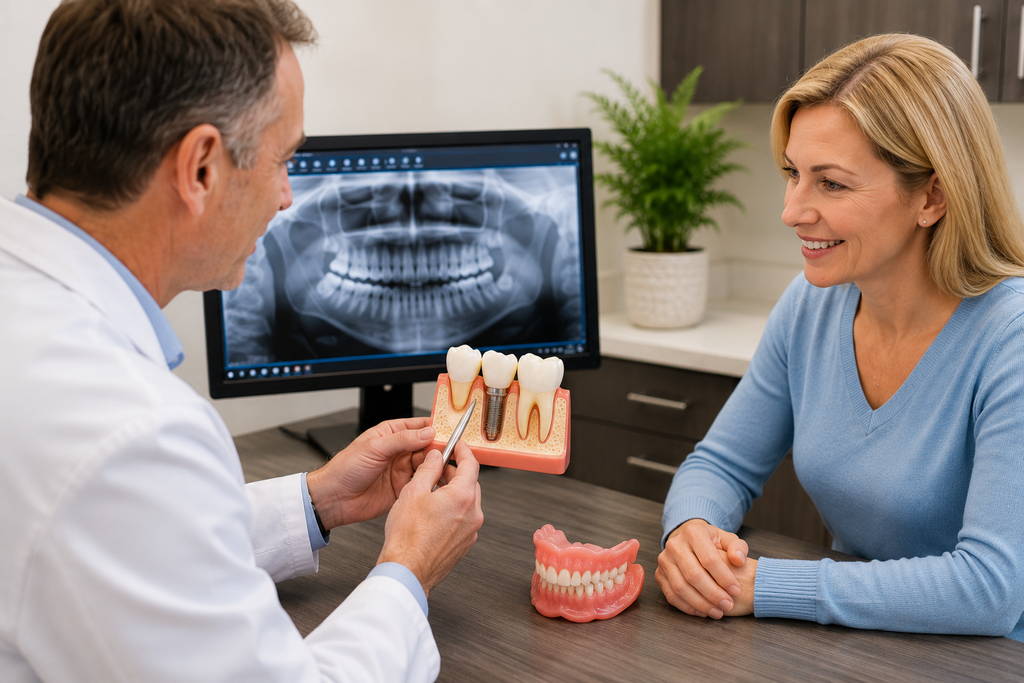 Dentist discussing dental implants and dentures with patient during consultation