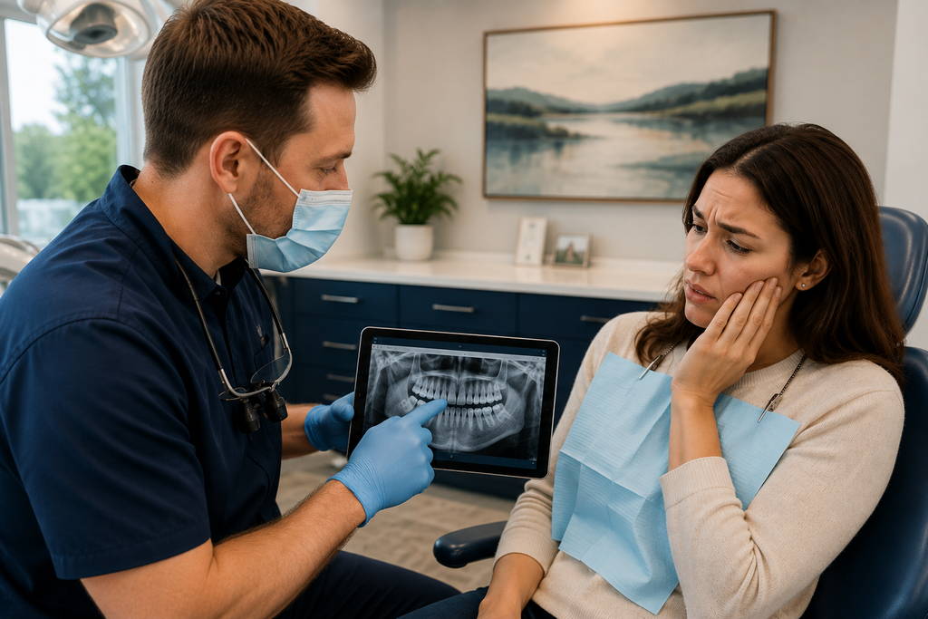 Emergency dentist examining patient with dental pain